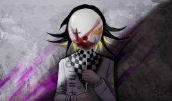 Rule 34 | absurdres, artist logo, artist name, balloon, black background, black hair, blonde hair, blood, buttons, checkered clothes, checkered neckwear, checkered scarf, clown, commentary, covered face, danganronpa (series), danganronpa v3: killing harmony, english commentary, facing viewer, flipped hair, grey background, grey jacket, highres, holding, jacket, makeup, male focus, multicolored hair, oma kokichi, pastahands, pink background, scarf, short hair, solo, two-tone hair, upper body