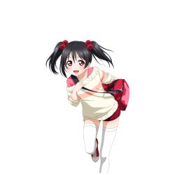 Rule 34 | 10s, 1girl, :d, animal print, bag, black hair, duffel bag, hair bobbles, hair ornament, holding strap, long sleeves, love live!, love live! school idol festival, love live! school idol project, non-web source, off-shoulder, off-shoulder sweater, off shoulder, official art, open mouth, rabbit print, red eyes, shoes, short shorts, shorts, smile, sneakers, solo, standing, standing on one leg, sweater, thighhighs, transparent background, twintails, white thighhighs, yazawa nico