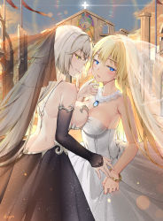 Rule 34 | 2girls, artist name, backless dress, backless outfit, bangle, bare shoulders, black dress, black sleeves, black vs white, blonde hair, blue eyes, blue sky, blush, bracelet, breasts, bridal veil, church, cleavage, closed mouth, cloud, commentary, cross, detached sleeves, dress, dual persona, english commentary, fate/grand order, fate (series), female focus, fingernails, glowing, grey dress, grey hair, hair between eyes, highres, jeanne d&#039;arc (fate), jeanne d&#039;arc (ruler) (fate), jeanne d&#039;arc alter (avenger) (fate), jeanne d&#039;arc alter (fate), jewelry, large breasts, long hair, long sleeves, maya g, multiple girls, outdoors, parted lips, profile, see-through, selfcest, sideboob, signature, sky, sleeves past wrists, smile, strapless, strapless dress, sunset, veil, very long hair, wedding dress, white dress, yellow eyes, yuri