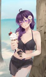 Rule 34 | 1girl, :p, ahoge, beach, beifeng han, bikini, black bikini, breasts, cellphone, chinese commentary, cleavage, cowboy shot, earrings, flower, food, glowing, glowing eyes, hair between eyes, hair flower, hair ornament, hair over shoulder, highres, holding, holding food, ice cream, jewelry, large breasts, long hair, looking at viewer, miyaura sanshio, original, phone, purple eyes, purple hair, smartphone, solo, swimsuit, tongue, tongue out