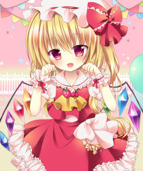 Rule 34 | 1girl, ascot, bad id, bad pixiv id, blonde hair, bow, embellished costume, fang, flandre scarlet, food, frilled skirt, frills, fruit, hair bow, hat, hat bow, mayo (miyusa), mob cap, musical note, open mouth, paw pose, red eyes, sash, shirt, side ponytail, skirt, skirt set, smile, solo, strawberry, touhou, vest, wings, wrist cuffs