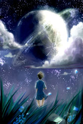 Rule 34 | 00s, 1girl, brown hair, cellphone, cloud, from behind, grass, highres, hoshi no koe, jealfay, nagamine mikako, night, phone, planet, saturn (planet), scenery, school uniform, science fiction, short hair, sky, solo, star (symbol)