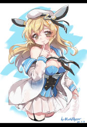 Rule 34 | 1girl, absurdres, animal ears, artist name, beret, black neckerchief, black ribbon, blonde hair, blue shirt, blush, breasts, cleavage, commentary request, cowboy shot, cropped legs, dated, fake animal ears, finger to mouth, garter straps, hair down, hat, hat ribbon, highres, jacket, letter hair ornament, letterboxed, long hair, long sleeves, looking at viewer, medium breasts, neckerchief, north abyssor, off-shoulder jacket, off shoulder, ribbon, sailor collar, shirt, skirt, smile, solo, warship girls r, white hat, white jacket, white skirt, yellow eyes, z31 (warship girls r)