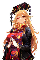 Rule 34 | 1girl, belt, black dress, black hat, black nails, bow, bowtie, breasts, chinese clothes, closed mouth, crescent, crystal, crystal earrings, dress, earrings, eyes visible through hair, fingernails, hands up, hat, highres, jewelry, junko (touhou), large breasts, long fingernails, long hair, long sleeves, looking at viewer, nail polish, orange hair, own hands together, phoenix crown, pointy ears, pom pom (clothes), purple belt, raptor7, red eyes, simple background, solo, standing, tabard, touhou, white background, wide sleeves, yellow bow, yellow bowtie