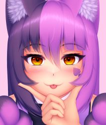 Rule 34 | 1girl, :3, :p, absurdres, animal ear fluff, animal ears, blush, cat ears, cat girl, cheshire cat (monster girl encyclopedia), chin on palm challenge, commentary, english commentary, hair between eyes, heart, heart in eye, highres, long hair, looking at viewer, meme, monster girl, monster girl encyclopedia, multicolored hair, orange eyes, pink hair, portrait, pov, pov hands, purple hair, smile, solo focus, symbol in eye, tongue, tongue out, two-tone hair, wlper
