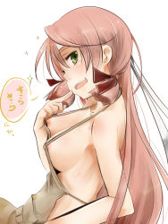 Rule 34 | 10s, 1girl, akashi (kancolle), akino shuu, apron, breasts, finger to mouth, green eyes, headband, kantai collection, long hair, looking at viewer, naked apron, nipples, pink hair, sideboob, simple background, smile, solo, white background