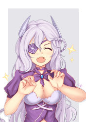 Rule 34 | 1girl, artist name, bad id, bad pixiv id, blouse, blue background, blush, bow, braid, breasts, buttons, choker, cleavage, closed eyes, eyepatch, fangs, french braid, gem, hair between eyes, headgear, highres, light purple hair, long hair, open mouth, outside border, paw pose, puffy short sleeves, puffy sleeves, purple bow, purple shirt, shirt, short sleeves, signature, sirius (warship girls r), solo, star (symbol), upper body, warship girls r, zhudacaimiao