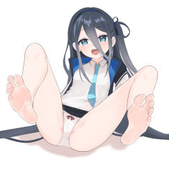 Rule 34 | 1girl, absurdres, aris (blue archive), barefoot, black hair, blue archive, blue eyes, cameltoe, feet, highres, light blush, long hair, looking at viewer, lts kakuyo, open mouth, panties, soles, spread legs, toes, underwear