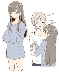 Rule 34 | 10s, 2girls, ^ ^, akni, blush, brown eyes, brown hair, closed eyes, commentary request, closed eyes, female focus, flat color, holding hands, height difference, idolmaster, idolmaster cinderella girls, kobayakawa sae, korean text, long hair, multiple girls, multiple views, oversized clothes, shiomi syuko, short hair, size difference, sleeves past wrists, smile, sweatdrop, translation request, white background, yuri