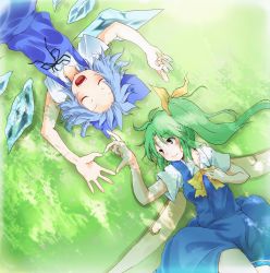 Rule 34 | 2girls, amagase lyle, arms up, blue dress, blue hair, bow, cirno, daiyousei, dress, closed eyes, grass, green eyes, green hair, hair bow, hair ribbon, heart, heart hands, heart hands duo, lying, multiple girls, neck ribbon, on back, open mouth, ribbon, side ponytail, smile, touhou, wings