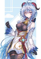 Rule 34 | 1girl, absurdres, ahoge, alter (kxk7357), bare shoulders, bell, blue hair, bodystocking, bodysuit, breasts, brown bodysuit, chinese knot, colored tips, cowbell, curled horns, detached sleeves, flower knot, ganyu (genshin impact), genshin impact, gloves, goat horns, gold trim, highres, horns, long hair, looking at viewer, low ponytail, medium breasts, multicolored eyes, multicolored hair, neck bell, purple eyes, qingxin flower, sidelocks, solo, thighlet, vision (genshin impact), waist cape, white sleeves