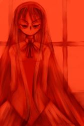 Rule 34 | 00s, 1girl, arms behind back, expressionless, indoors, long hair, long sleeves, looking at viewer, mike156, monochrome, red theme, ribbon, shirt, sidelocks, skirt, solo, standing, tohno akiha, tsukihime, very long hair, window