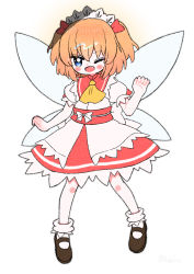 Rule 34 | 1girl, blue eyes, blush stickers, bow, brown footwear, dotaku (wran8845), dress, fairy, fairy wings, fang, hair bow, hairband, layered dress, looking at viewer, mary janes, one eye closed, open mouth, orange hair, puffy short sleeves, puffy sleeves, red bow, red dress, shoes, short hair, short sleeves, solo, sunny milk, touhou, two side up, waist bow, white background, white bow, wings
