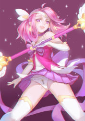 Rule 34 | 1girl, ahoge, alternate costume, bow, choker, chromatic aberration, earrings, elbow gloves, feng dai hr, frilled panties, frills, gloves, groin, holding, holding wand, jewelry, league of legends, lux (league of legends), magical girl, microskirt, miniskirt, open mouth, panties, pantyshot, pink hair, pleated skirt, print panties, purple bow, purple hair, purple skirt, skirt, smile, solo, sparkle, standing, star (symbol), star earrings, star guardian (league of legends), star guardian lux, thighhighs, thighs, underwear, upper body, wand, white gloves, white panties, white thighhighs, wind, wind lift