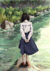 Rule 34 | 1girl, absurdres, arms behind back, blue skirt, brown footwear, carbor, facing away, from behind, full body, highres, long skirt, long sleeves, original, outdoors, river, scenery, shirt, skirt, white shirt