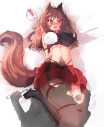 Rule 34 | !, 1girl, :d, anal beads, animal ears, bdsm, blush, bondage, boots, bound, breasts, brown hair, collar, ehrrr, fang, high heel boots, high heels, highres, imaizumi kagerou, inubashiri momiji, knee boots, large breasts, long hair, lying, midriff, miniskirt, navel, ominous shadow, on back, open mouth, red eyes, sex toy, shibari, silhouette, skirt, smile, solo, spoken exclamation mark, sweat, tail, touhou, vibrator, wolf ears, wolf tail, you gonna get raped