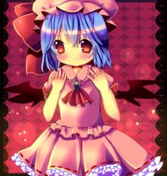 Rule 34 | 1girl, arms up, ascot, bat wings, blue hair, blush, brooch, chocolat (momoiro piano), female focus, hat, hat ribbon, jewelry, open mouth, red eyes, remilia scarlet, ribbon, shirt, short hair, skirt, skirt set, solo, touhou, wings