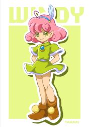 Rule 34 | 1girl, blue hairband, brown footwear, curly hair, dress, feather hair ornament, feathers, full body, green dress, green eyes, hair ornament, hairband, highres, jewelry, looking at viewer, oteitan, panel de pon, pink hair, short hair, smile, solo, standing, windy (panel de pon)