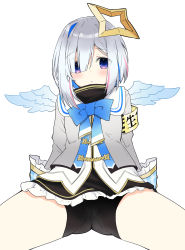 Rule 34 | 1girl, amane kanata, angel wings, armband, bike shorts, blue bow, blue bowtie, blue hair, bob cut, bow, bowtie, cameltoe, cleft of venus, colored inner hair, frills, hair over one eye, halo, highres, hololive, itamochi, long sleeves, looking at viewer, multicolored hair, pink hair, purple eyes, short hair, silver hair, simple background, single hair intake, sitting, solo, star halo, streaked hair, virtual youtuber, white background, wings
