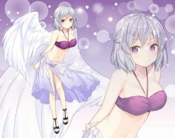 Rule 34 | 1girl, arms behind back, bare arms, bare shoulders, bekotarou, bikini, breasts, cleavage, closed mouth, commentary request, halterneck, hand on own arm, kishin sagume, looking at viewer, medium breasts, navel, purple bikini, purple eyes, sarong, see-through, short hair, silver hair, single wing, standing, swimsuit, touhou, white wings, wings, zoom layer