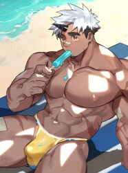 Rule 34 | 1boy, abs, akiha gongen (housamo), bandaid, bandaid on face, bandaid on nose, bara, beach, blue male swimwear, bulge, covered penis, dark-skinned male, dark skin, facial hair, feet out of frame, food, food on body, food on pectorals, goatee, highres, holding, holding food, holding ice cream, horns, huge eyebrows, huge pectorals, ice cream, locking, male focus, male swimwear, melting, multicolored hair, multicolored male swimwear, muscular, muscular male, nipples, official alternate costume, sei ouka, short hair, single horn, sitting, solo, sunlight, swim briefs, thick thighs, thighs, tokyo houkago summoners, topless male, two-tone hair, white hair, yellow male swimwear
