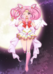 Rule 34 | 1990s (style), 1girl, bad id, bad pixiv id, bell, bishoujo senshi sailor moon, blush, boots, brooch, chibi usa, child, cone hair bun, elbow gloves, full moon, gloves, hair bun, heart, heart brooch, jewelry, knee boots, long hair, magical girl, moon, multicolored clothes, multicolored skirt, one eye closed, pink eyes, pink footwear, pink hair, pink theme, purple background, retro artstyle, sailor chibi moon, shainea, skirt, smile, solo, super sailor chibi moon, tiara, twintails, white gloves, wings, wink
