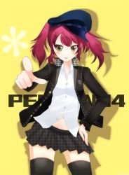 Rule 34 | atlus, cosplay, hat, kujikawa rise, persona, persona 4, red hair, shirogane naoto, shirogane naoto (cosplay), skirt, solo, thighhighs, twintails, yellow eyes