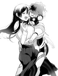 Rule 34 | 1boy, 1girl, ^ ^, bow, bowtie, breast press, breasts, closed eyes, collared shirt, covered mouth, feet out of frame, floating hair, greyscale, hair ornament, hands up, happy, headphones, hetero, highres, hug, joints, kiss, large breasts, laughing, leg between thighs, long hair, long sleeves, mask, mechanical parts, monochrome, multicolored hair, night raven college uniform, open mouth, ortho shroud, pantyhose, pleated skirt, respirator, robot joints, shirt, short hair, simple background, skirt, spiked hair, standing, streaked hair, striped bow, striped bowtie, striped clothes, twisted wonderland, yucke19, yuu (twisted wonderland)