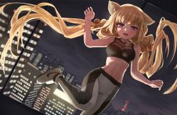 Rule 34 | 1girl, :d, animal ears, arm up, backlighting, bare arms, bare shoulders, bell, black shirt, blonde hair, breasts, cat ears, cityscape, commission, crop top, dutch angle, hair ornament, highres, indoors, jingle bell, leg up, leggings, long hair, looking at viewer, low twintails, medium breasts, melaton, midriff, navel, night, nike (company), open mouth, original, purple eyes, shirt, shoes, skeb commission, sleeveless, sleeveless shirt, smile, sneakers, solo, standing, standing on one leg, twintails, very long hair