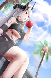 Rule 34 | 1girl, absurdres, apple, arknights, bare shoulders, bra, bra lift, breasts, cloud, cloudy sky, eating, flower, food, fruit, hair flower, hair ornament, hand up, heimu (heim kstr), highres, holding, holding food, holding fruit, horns, jacket, jewelry, long hair, mudrock (arknights), neck ribbon, open clothes, open jacket, open mouth, red eyes, ribbon, see-through, sitting, sky, solo, solo focus, stomach, thighs, tree, underwear, upper body, very long hair, white hair