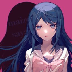 Rule 34 | 1girl, black sailor collar, blue eyes, blue hair, bow, bowtie, character name, collarbone, danganronpa: trigger happy havoc, danganronpa (series), flowercz, hair ornament, hairclip, highres, long hair, long sleeves, looking at viewer, maizono sayaka, parted lips, pink background, pink bow, pink bowtie, portrait, sailor collar, shadow, shirt, solo, teeth, two-tone background, white shirt