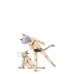 Rule 34 | 00s, 2girls, animal ears, bad id, bad pixiv id, blonde hair, cat girl, comic, final fantasy, final fantasy xi, mithra (ff11), multiple girls, nucomas, purple hair, simple background, sitting, swimsuit, tail, white background