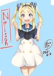 Rule 34 | 1girl, blonde hair, blue eyes, blue sailor collar, character name, dress, headgear, highres, kantai collection, nelson (kancolle), ourah ikuzus, sailor collar, sailor dress, short sleeves, sidelocks, solo, twintails, white dress, aged down