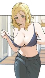 Rule 34 | 1girl, bare shoulders, blonde hair, blush, bra, breasts, cleavage, closed mouth, dunchy, hair down, highres, indoors, large breasts, long hair, looking at breasts, looking down, love live!, love live! sunshine!!, matching hair/eyes, ohara mari, solo, standing, underwear, yellow eyes