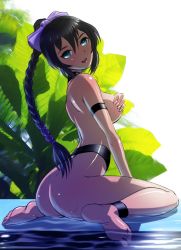 Rule 34 | 1girl, ankle strap, armband, ass, back, backlighting, barefoot, black hair, blue eyes, bow, braid, breasts, covering privates, covering breasts, feet, hair between eyes, hair bow, head tilt, lipstick, long hair, looking at viewer, looking back, makeup, nude, onsen tengoku, original, parted lips, plant, poolside, sitting, smile, soles, solo, toes, wariza, water, wet
