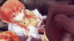 Rule 34 | 10s, 1girl, absurdres, aran sweater, black pantyhose, blurry, cable knit, chair, crossed legs, depth of field, end card, grin, highres, ipad, lab coat, long hair, luna lia, lying, on back, pantyhose, ponytail, red eyes, red hair, sasami-san@ganbaranai, scan, screencap, smile, solo, sweater, tablet pc, yagami tsurugi