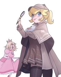 Rule 34 | 2girls, blonde hair, blue eyes, blush, cosplay, crossed arms, deerstalker, detective peach, dress, hat, highres, holding, holding magnifying glass, hololive, hololive english, looking at viewer, magnifying glass, mario (series), multiple girls, nintendo, pink dress, ponytail, princess peach, princess peach: showtime!, princess peach (cosplay), skirt hold, virtual youtuber, watson amelia, watson amelia (1st costume), watson amelia (cosplay), zedd (zedgawr)