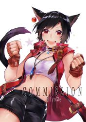 Rule 34 | 1girl, animal ears, warrior of light (ff14), black hair, black shorts, breasts, cat ears, cat tail, clenched hands, commentary, commission, ear ornament, final fantasy, final fantasy xiv, from below, gloves, jacket, looking at viewer, medium breasts, miqo&#039;te, navel, open mouth, original, red gloves, red jacket, rirene rn, short hair, shorts, simple background, solo, tail, teeth, upper teeth only, white background