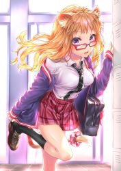 Rule 34 | 1girl, absurdres, animal ears, backlighting, bag, black necktie, blonde hair, breasts, cat ears, cat tail, collared shirt, doll, foot out of frame, glasses, highres, jacket, large breasts, leaning forward, miniskirt, necktie, open clothes, open jacket, open mouth, original, plaid, plaid skirt, pleated skirt, purple eyes, removing shoes, routo (rot 0), school bag, school uniform, shirt, getabako, shoulder bag, skirt, solo, tail, tail scrunchie, uniform, white shirt