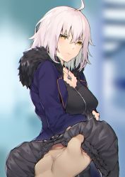 Rule 34 | 1girl, ahoge, arms under breasts, black dress, blue jacket, blurry, blurry background, blush, bra, breasts, closed mouth, commentary request, crossed arms, dress, fate/grand order, fate (series), frilled bra, frills, fur collar, fur trim, highres, holding, holding bra, holding clothes, holding underwear, itohana, jacket, jeanne d&#039;arc (fate), jeanne d&#039;arc alter (avenger) (fate), jeanne d&#039;arc alter (fate), jewelry, large breasts, looking at viewer, necklace, pov, short hair, silver hair, solo, underwear, yellow eyes