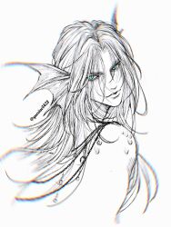 1boy aqua_eyes blurry_edges commentary english_commentary final_fantasy final_fantasy_vii final_fantasy_vii_remake fins graphite_(medium) hair_intakes head_fins highres light_smile long_bangs long_hair looking_back male_focus merman monster_boy monsterification parted_bangs scales sephiroth solo spot_color traditional_media twitter_username upper_body yuexiao