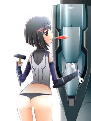 Rule 34 | 1girl, armor, artist request, ass, black eyes, black hair, female focus, lin lee koo, looking at viewer, looking back, mouth hold, nintendo, smile, solo, thong, xenoblade chronicles (series), xenoblade chronicles x