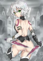 Rule 34 | 1girl, :o, akae neo, ass, backless outfit, bandaged arm, bandages, bare back, belt buckle, black gloves, bottomless, buckle, building, contrapposto, cowboy shot, dagger, dual wielding, fate/apocrypha, fate (series), fog, from behind, gloves, green eyes, highres, holding, holding weapon, jack the ripper (fate/apocrypha), knife, looking at viewer, looking back, outdoors, scar, scar across eye, scar on face, short hair, silver hair, single glove, smoke, solo, standing, tattoo, thighhighs, town, weapon