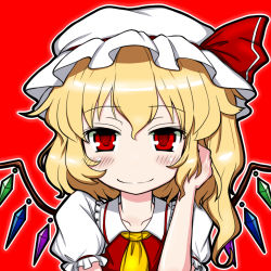 Rule 34 | 1girl, ascot, blonde hair, blush, collarbone, eruru (erl), flandre scarlet, hand in own hair, hat, hat ribbon, highres, looking at viewer, mob cap, outline, puffy short sleeves, puffy sleeves, red background, red eyes, ribbon, short hair, short sleeves, side ponytail, simple background, smile, solo, touhou, upper body, wings