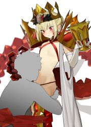 Rule 34 | 1boy, 1girl, absurdres, ahoge, bikini, blonde hair, blush, braid, breasts, chalice, criss-cross halter, crown, cup, dragon claw, dragon tail, elbow gloves, facial mark, fate/grand order, fate (series), french braid, gloves, hair bun, hair intakes, hair ribbon, halterneck, highres, jikatarou, kissing stomach, long hair, nero claudius (fate), nero claudius (fate) (all), open clothes, queen draco (fate), queen draco (second ascension) (fate), red bikini, red eyes, red ribbon, ribbon, robe, scales, small breasts, swimsuit, tail, thighs, white gloves, white robe
