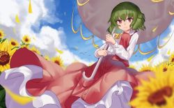 Rule 34 | 1girl, aiza-ku, blue sky, blurry foreground, breasts, cloud, commentary, day, dress, green hair, highres, holding, holding umbrella, kazami yuuka, leaf, long sleeves, looking at viewer, parasol, red dress, red eyes, red vest, shirt, short hair, sky, smile, solo, touhou, umbrella, vest, white shirt