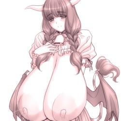 Rule 34 | 1girl, blush, braid, breasts, breasts out, curly hair, gigantic breasts, horns, image sample, impossible clothes, lactation, large areolae, long hair, magaki ryouta, nipples, resolution mismatch, sagging breasts, solo, source larger, thumbnail, wings