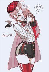 Rule 34 | 1boy, androgynous, aster (nu carnival), bat wings, fangs, heart, highres, long sleeves, looking at viewer, mini wings, nu carnival, pale skin, pink hair, pointy ears, red eyes, red thighhighs, shirt, short shorts, shorts, sketch, smirk, thick thighs, thighhighs, thighs, trap, vampire, vorqcity, white background, white shirt, wings