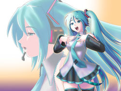 Rule 34 | 1girl, :d, :o, aqua hair, aqua necktie, black skirt, black thighhighs, blue eyes, blush, breasts, detached sleeves, from side, hands on own chest, hatsune miku, long sleeves, medium breasts, music, necktie, open mouth, parted lips, pleated skirt, profile, singing, skirt, smile, tattoo, thighhighs, tofu juuji, twintails, vocaloid, zettai ryouiki