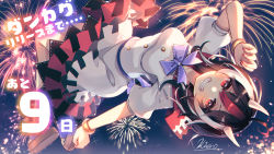 Rule 34 | 1girl, arm up, arrow (symbol), artist name, black hair, blush, bow, bowtie, bracelet, breasts, brown footwear, buttons, closed mouth, dress, fireworks, flying, hair between eyes, hand up, highres, horns, jewelry, kijin seija, kirero, light, looking at viewer, medium breasts, multicolored hair, night, night sky, puffy short sleeves, puffy sleeves, purple bow, purple bowtie, purple footwear, red eyes, red hair, sandals, shadow, short hair, short sleeves, sky, smile, solo, teeth, touhou, white dress, white hair